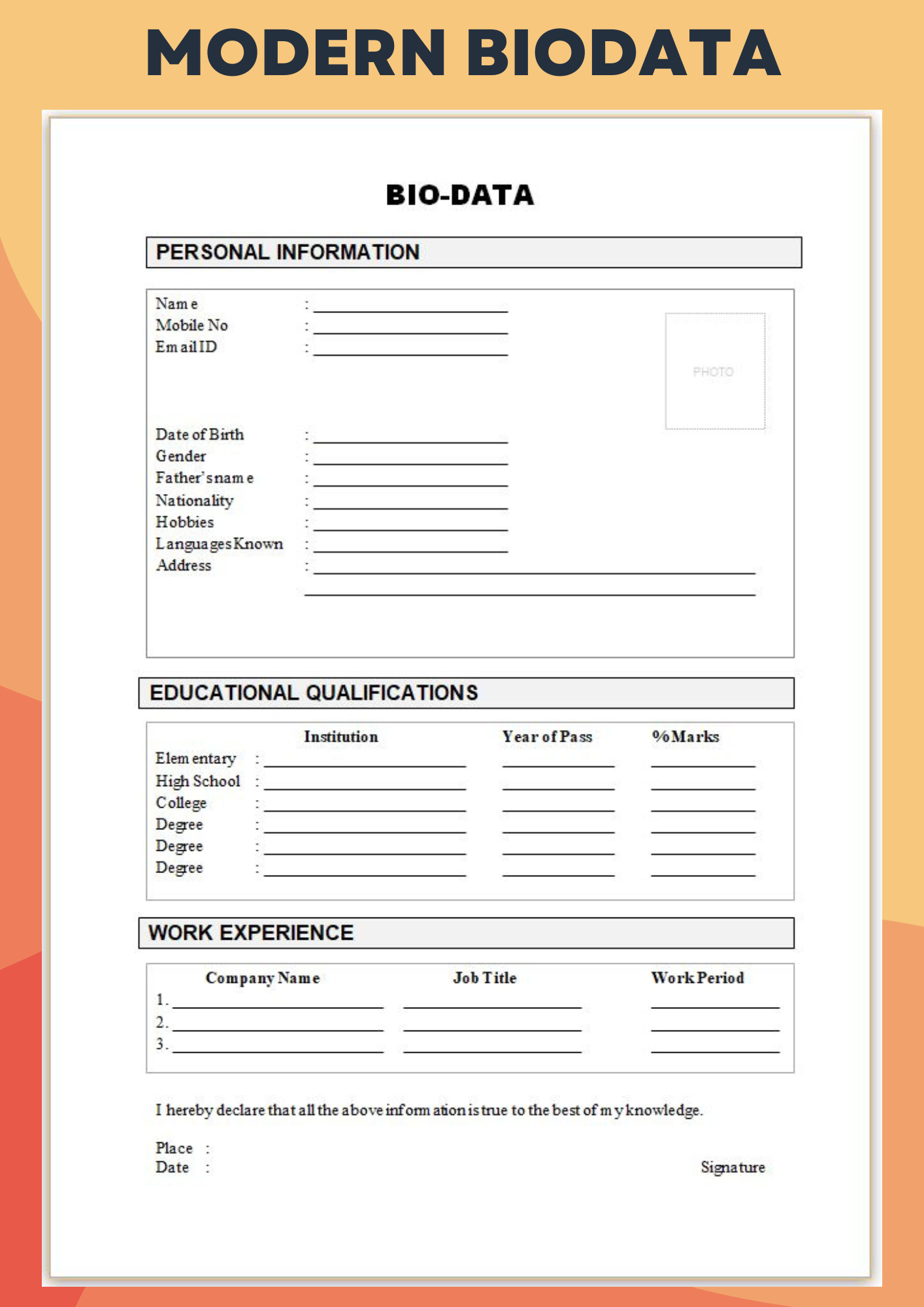 Biodata format for job