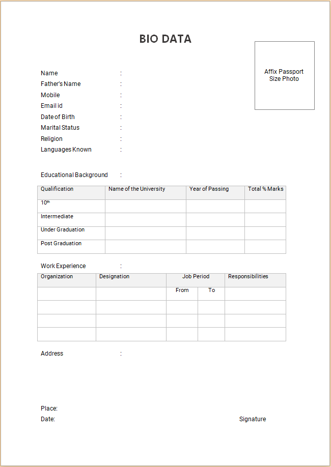 Elegant biodata format for job