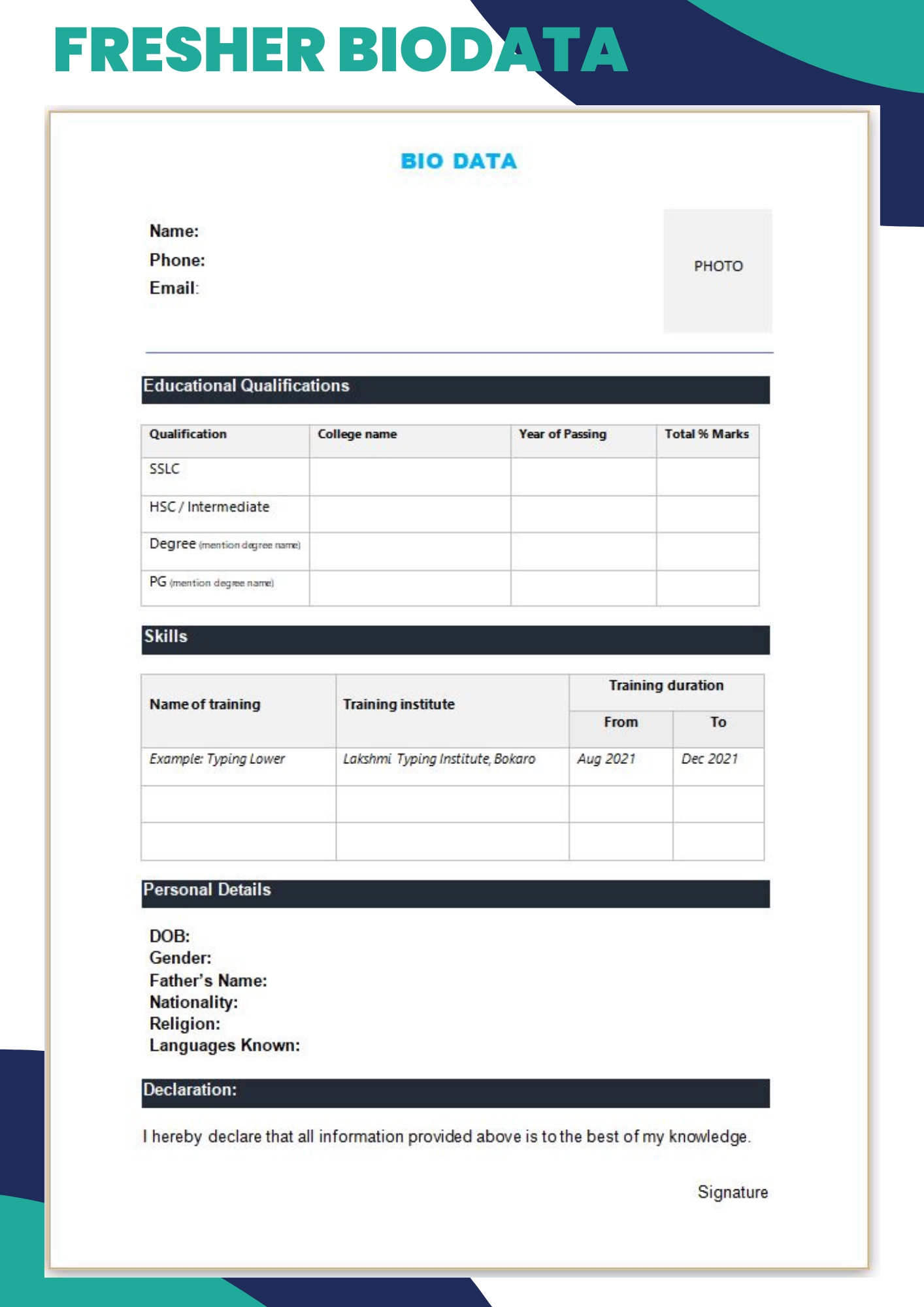Simple fresher biodata format for jobs