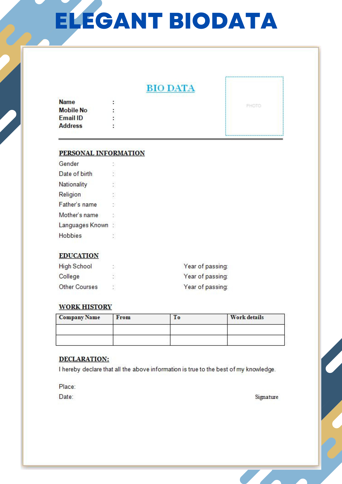 Elegant biodata format for job biodata illustration