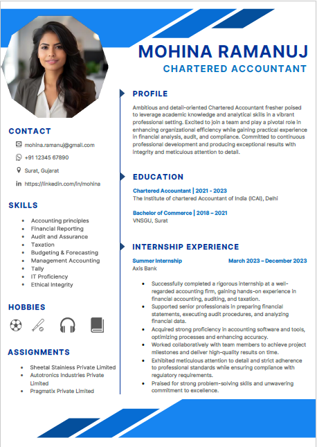 CA Fresher Sample resume format
