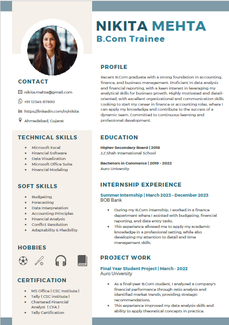 B.com Fresher resume format