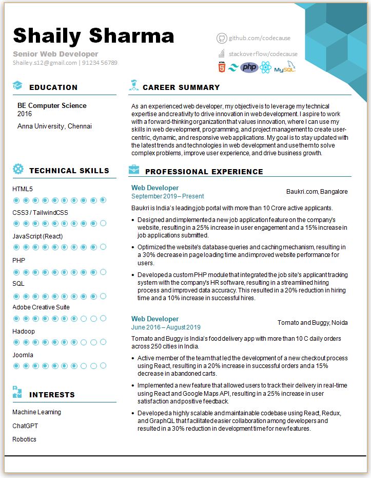 BE Computer Science resume format