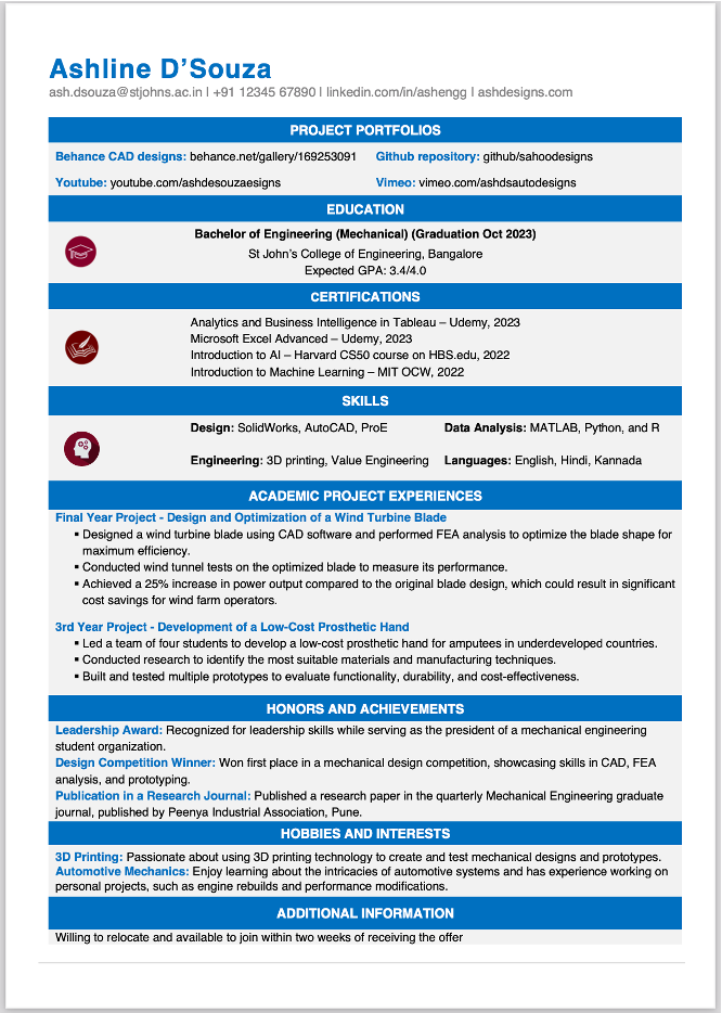 BE Mechanical Engineering Student resume format