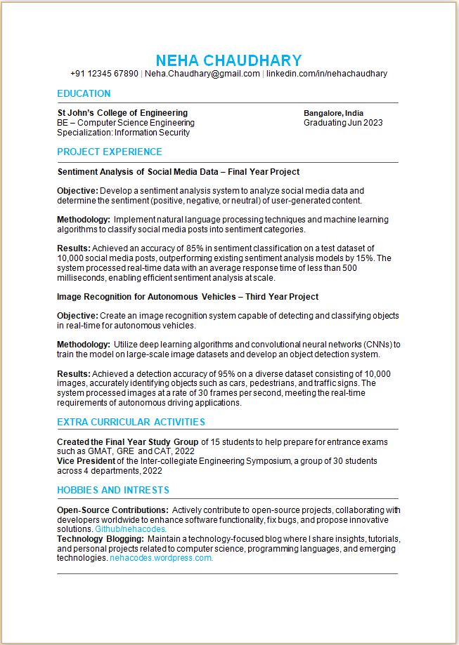 BE Computer Science Student resume format