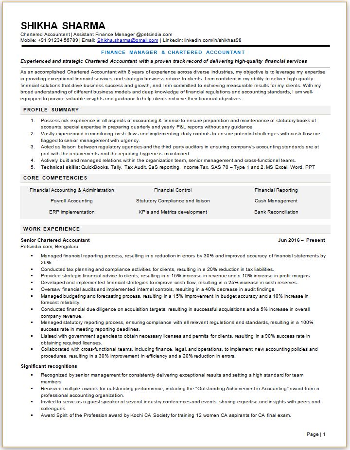 CA (Chartered Accountant) resume format