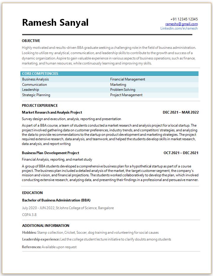 BBA Fresher resume format