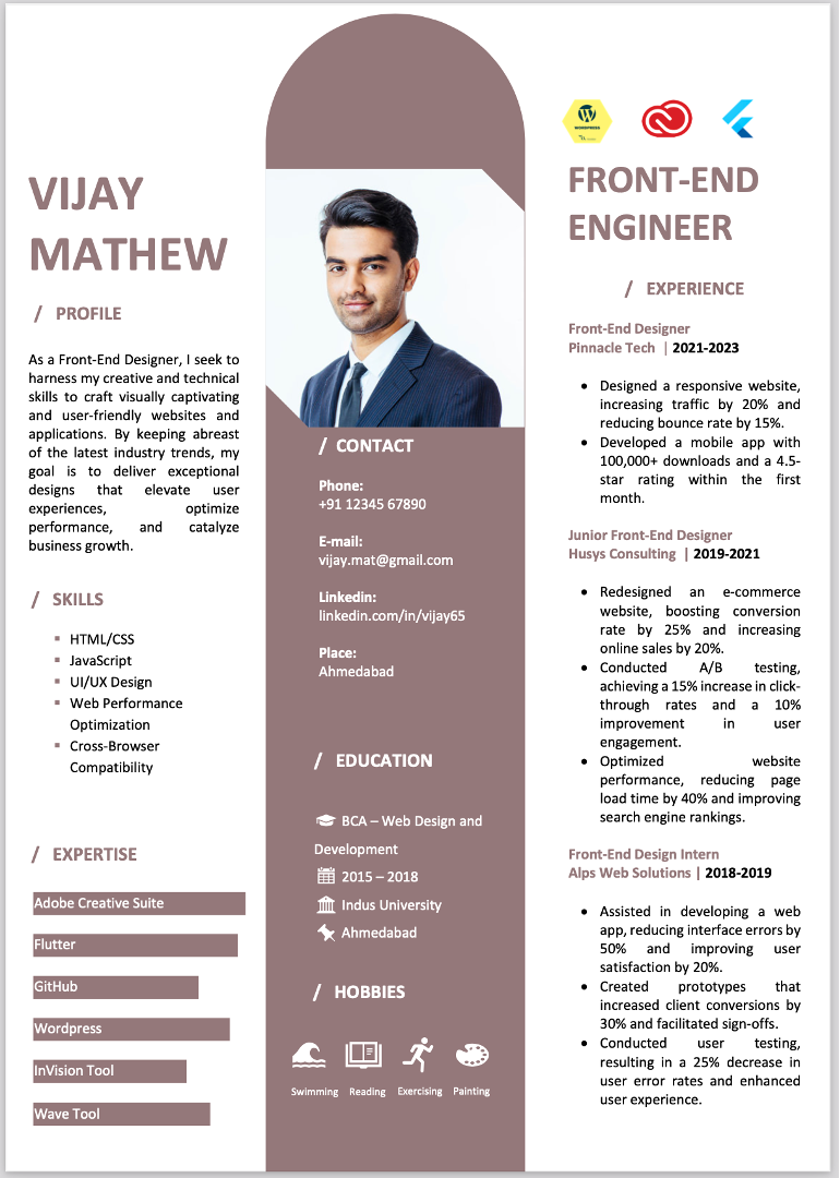 BCA Front End Engineer resume format