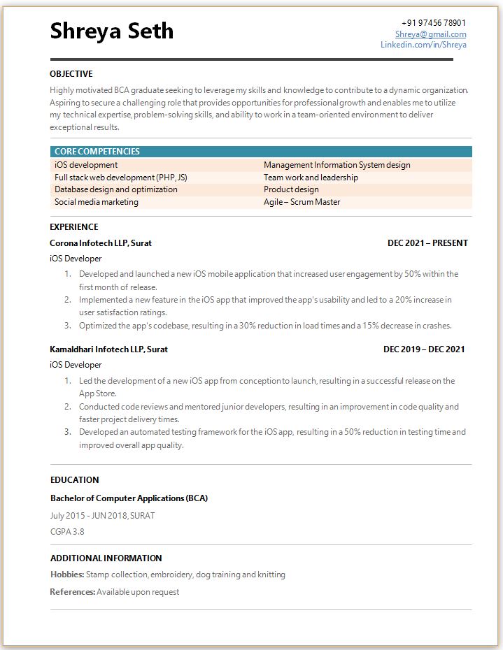 BCA Experienced resume format