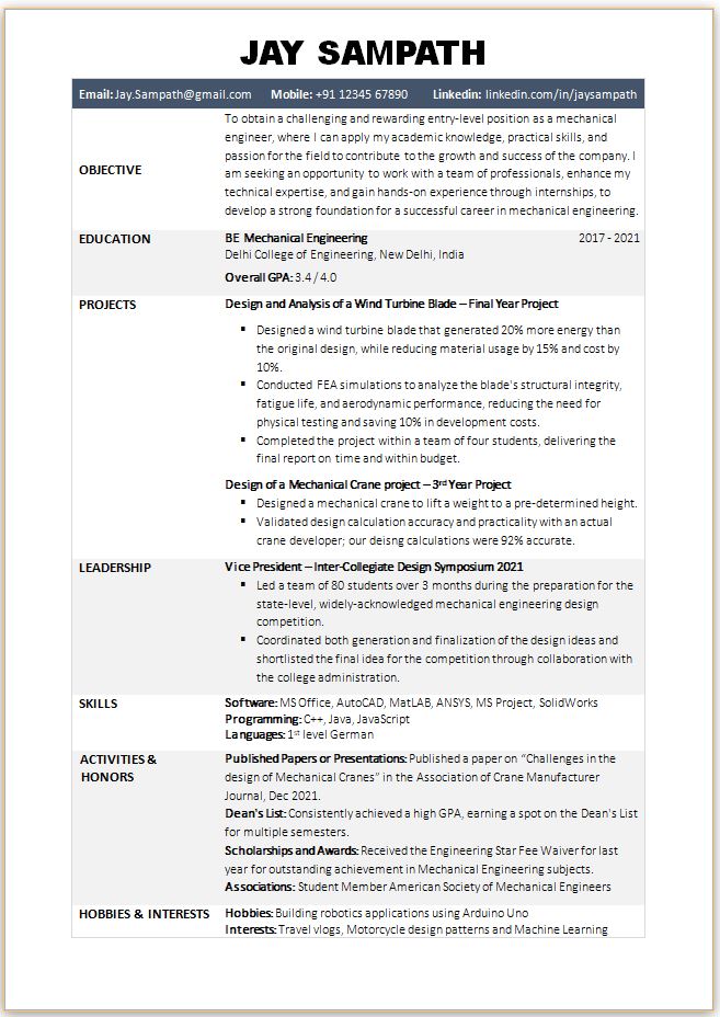 BE Mechanical Engineering resume format