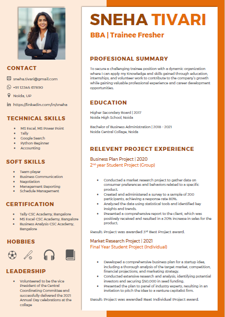 BBA Fresher resume format