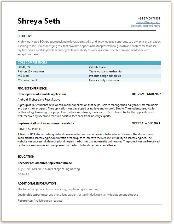 BCA Fresher resume format