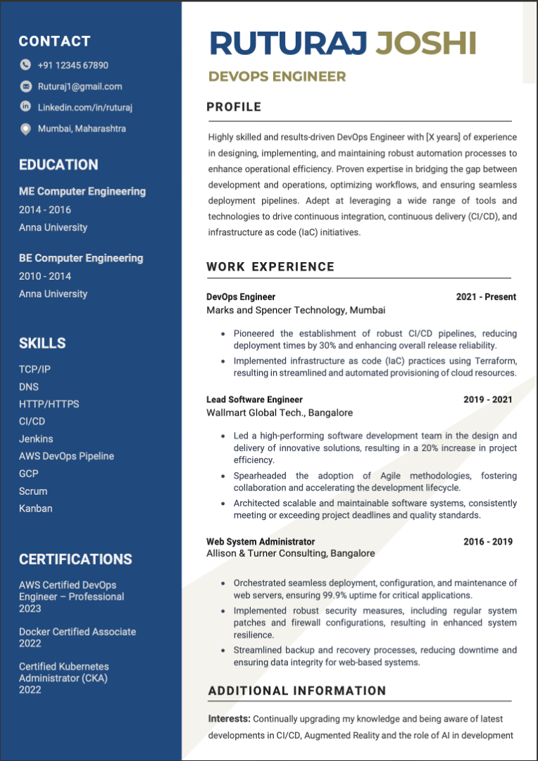 DevOps Engineer MS Word Sample resume format