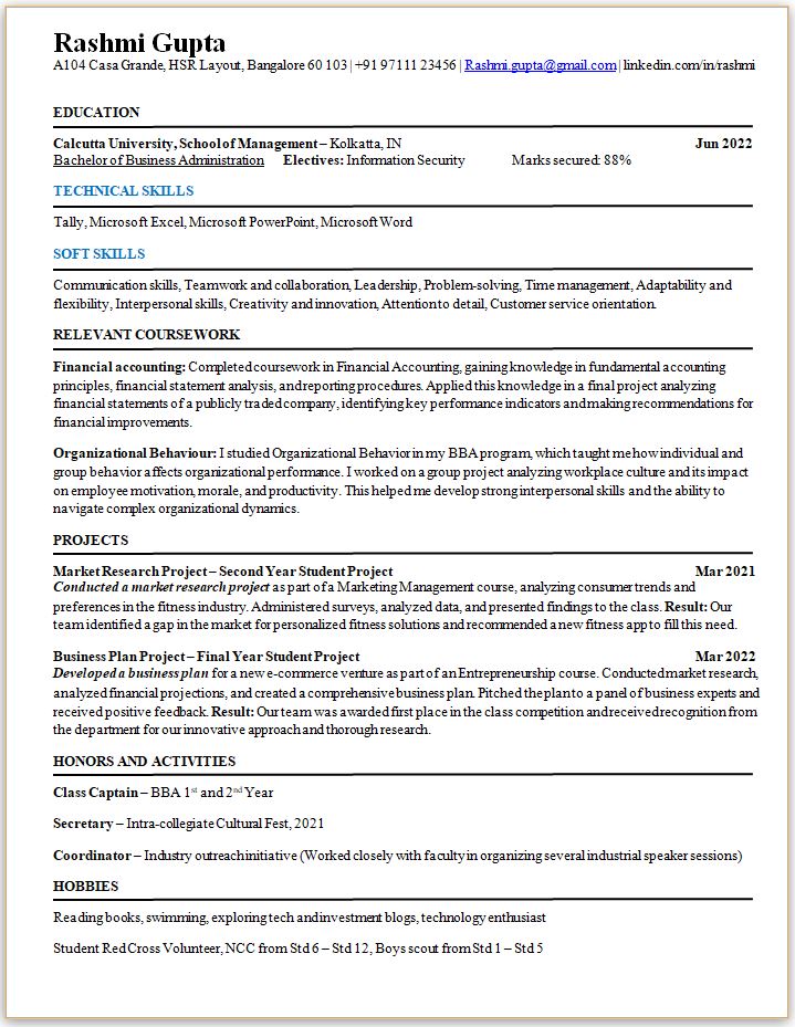 BBA Fresher resume format