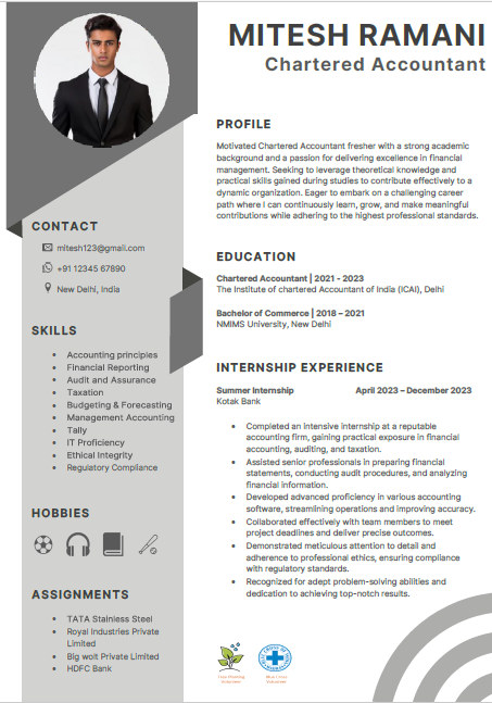 CA Fresher Sample resume format