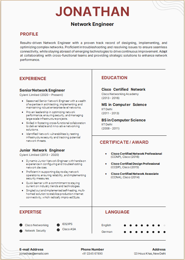 Network Engineer Sample MS Word resume format