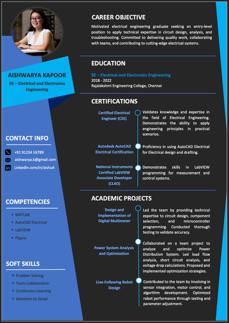 BE Electrical and Electronics Engineering resume format