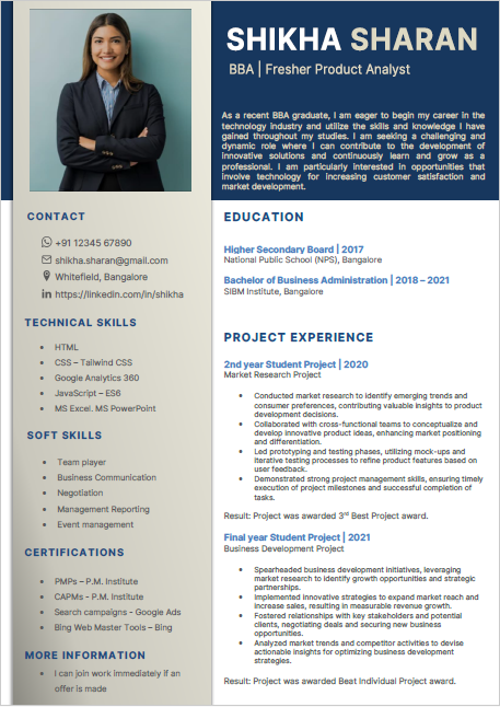 BBA Fresher Trainee resume format