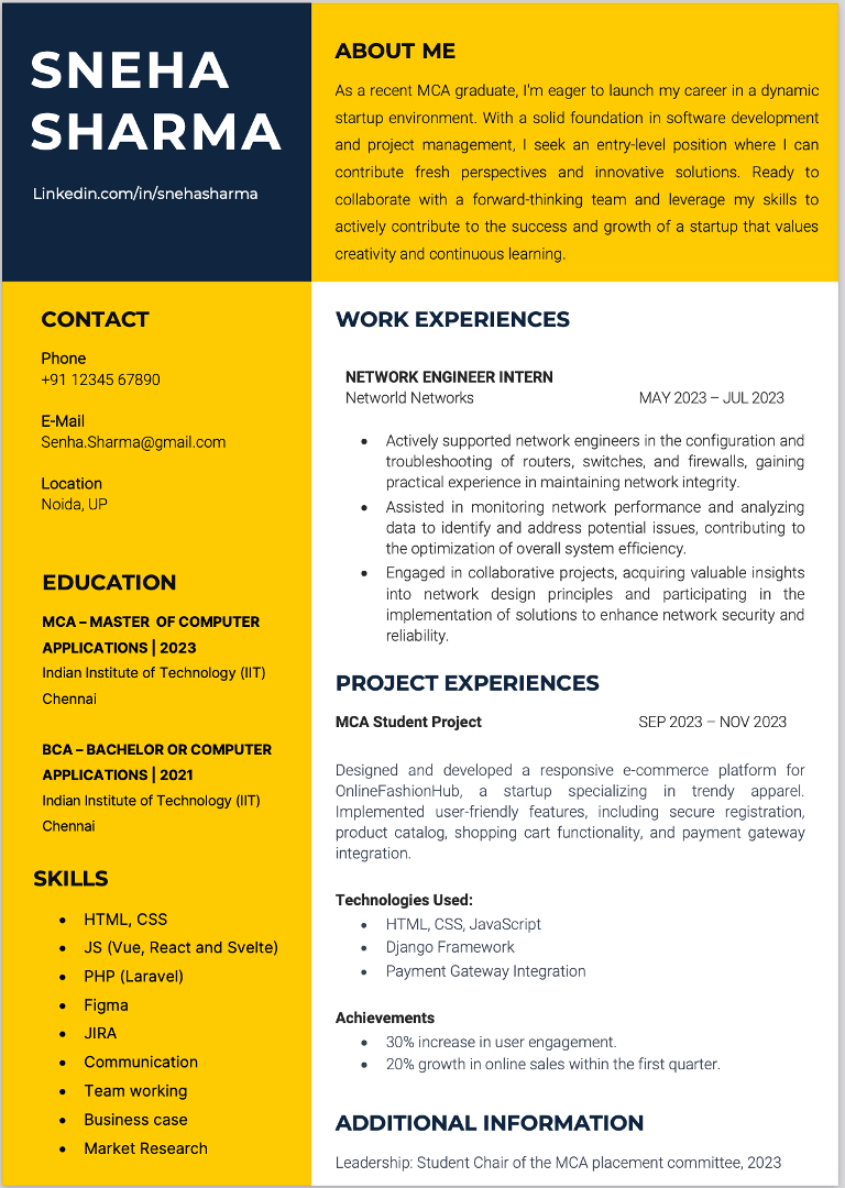 BCA MCA Fresher MS Word Template resume format