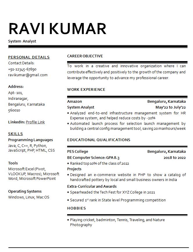 BE Computer Science | MCA | BCA resume format
