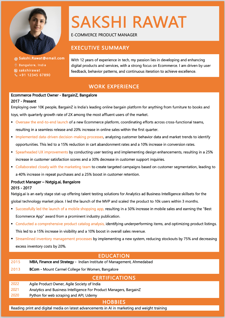 MBA Product Manager resume format