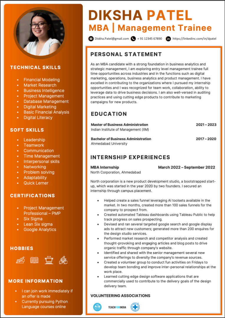 MBA Fresher resume format