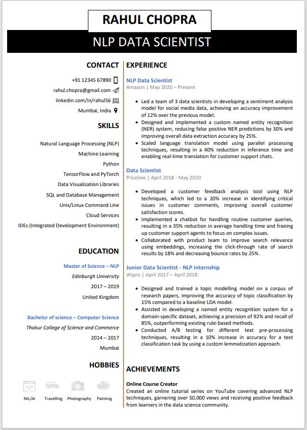 Data Scientist resume format