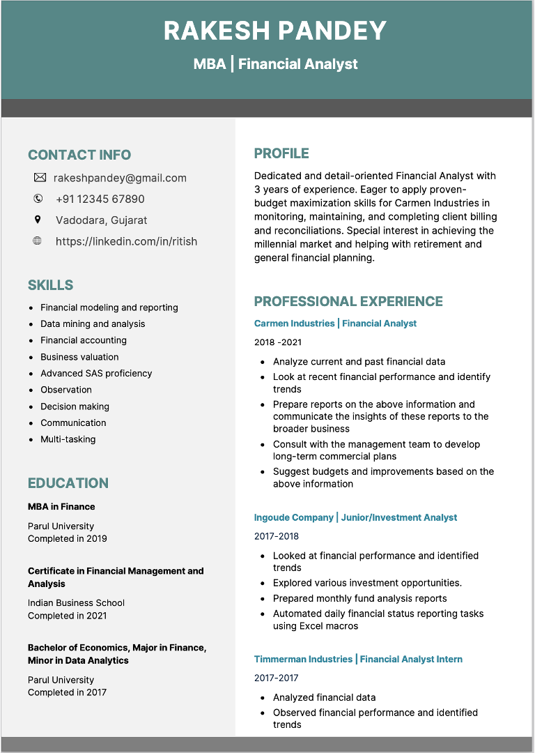 MBA Finance Template resume format