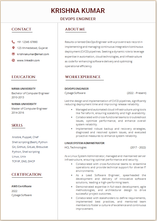 Dev Ops Engineer resume format