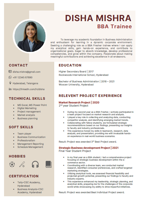 BBA Fresher resume format
