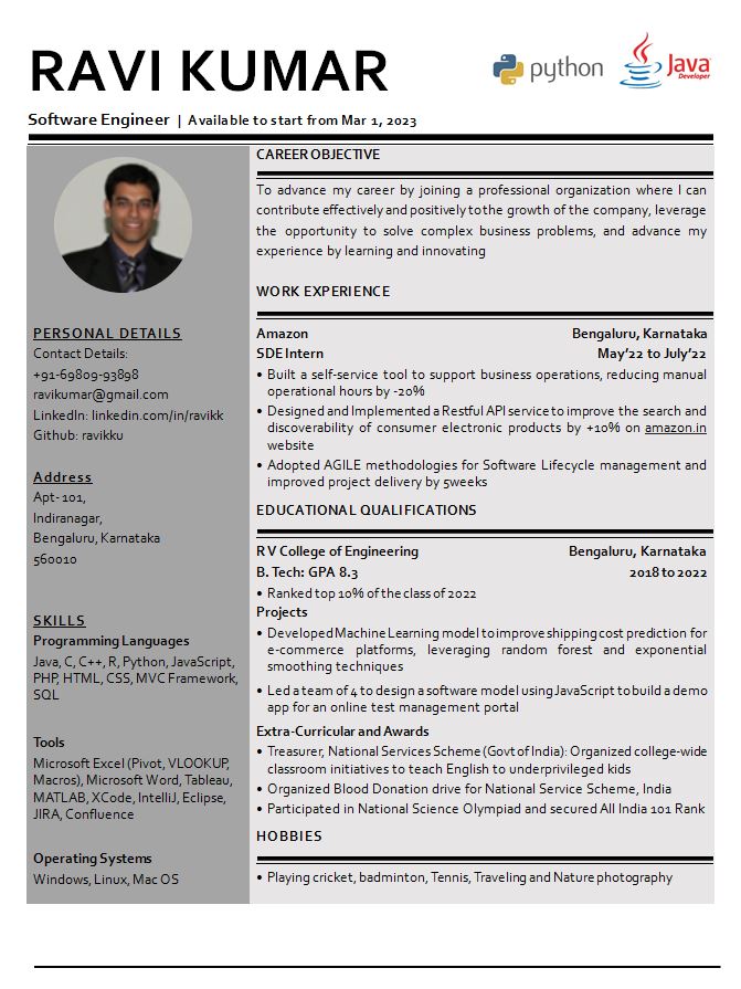 BE Computer Science | BTech Computer Science | All Experience levels resume format