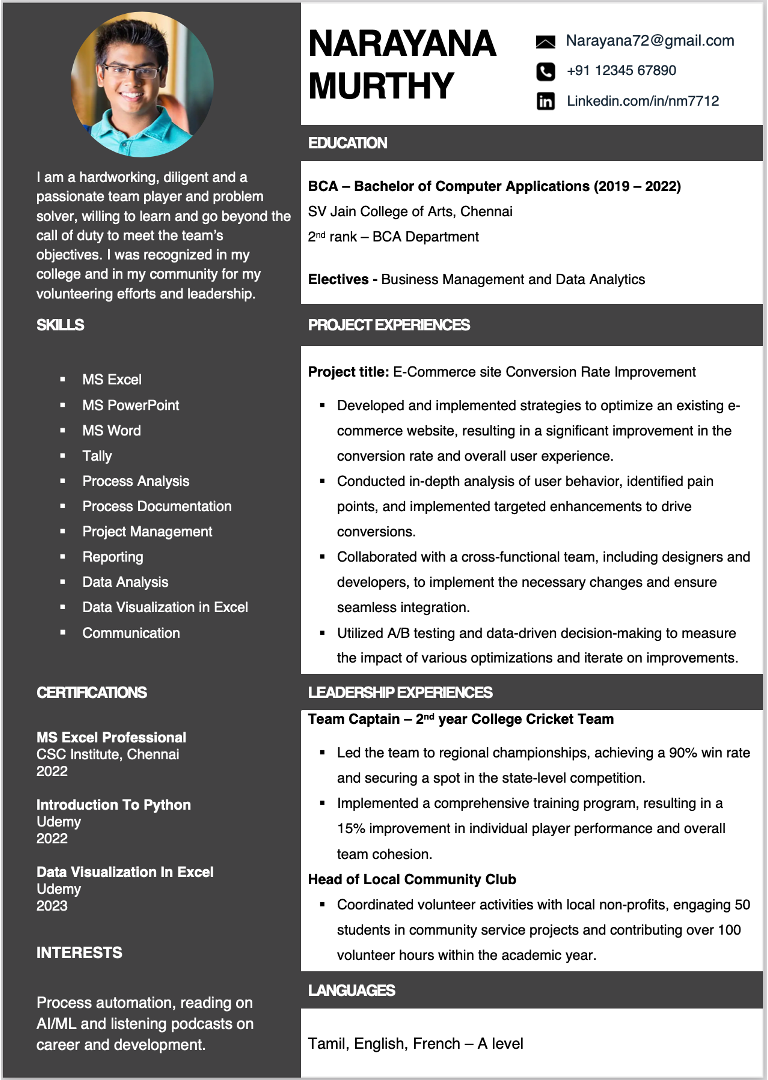 BCA Fresher resume format