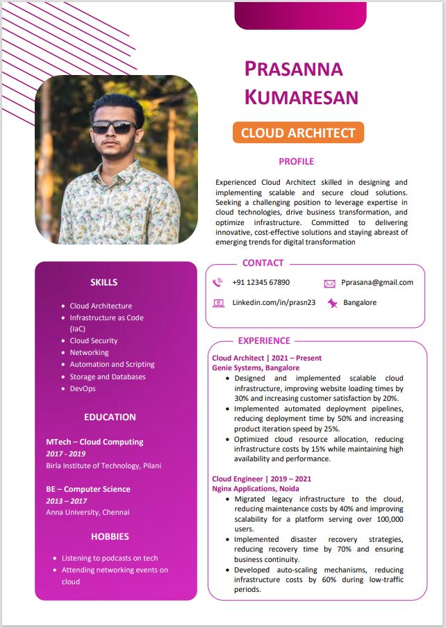 MTech Cloud Architect Sample resume format