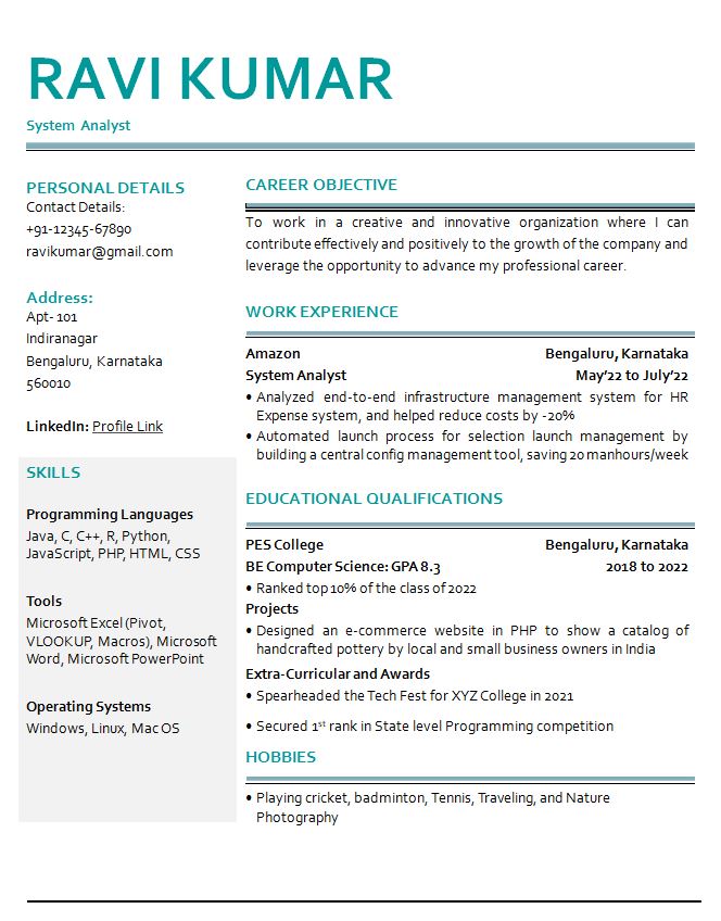 BE Computer Science | MCA | BCA resume format