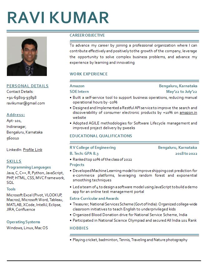 BE Computer Science | BTech Computer Science | All Experience levels resume format