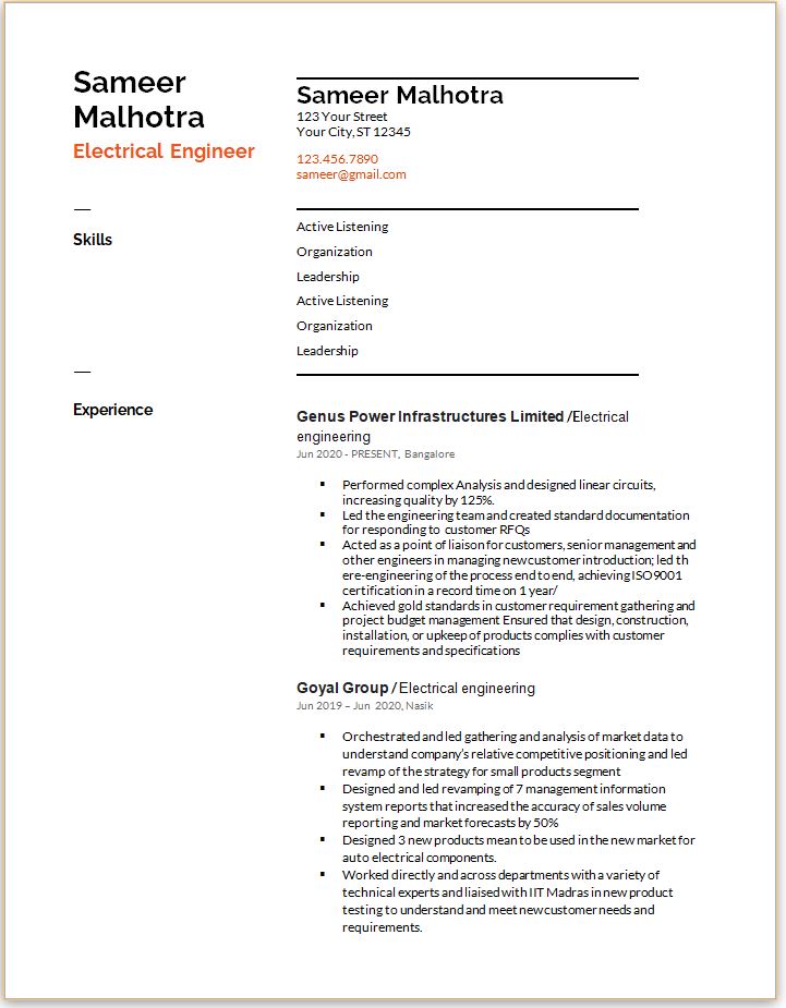 BE Electrical Engg. resume format