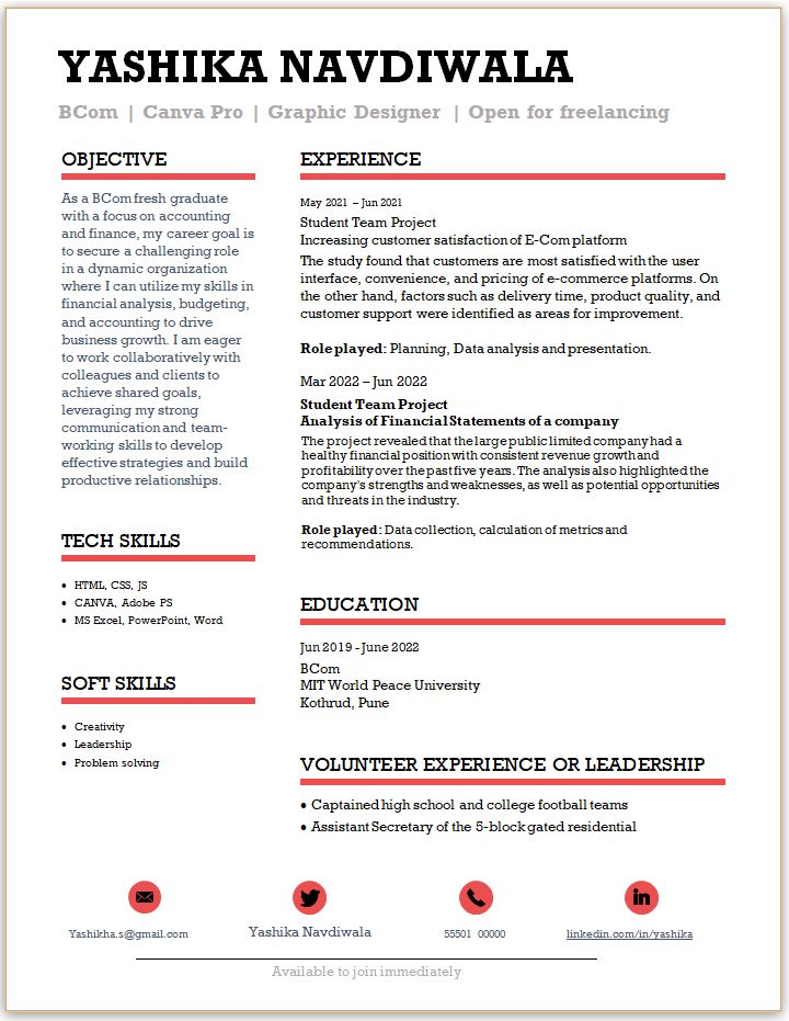 BCom Fresher resume format