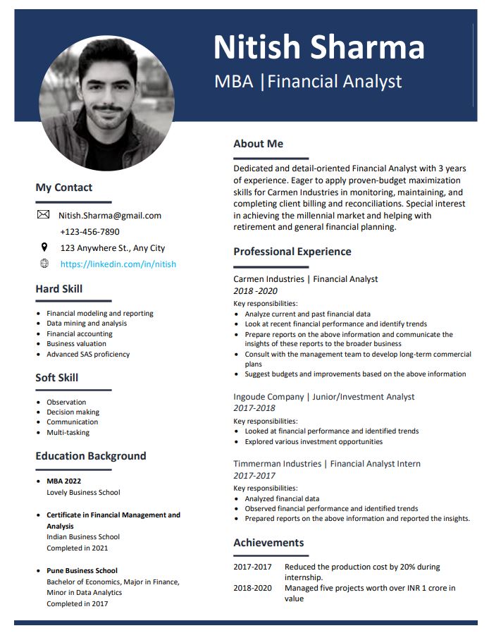 MBA Finance Best Resume Format