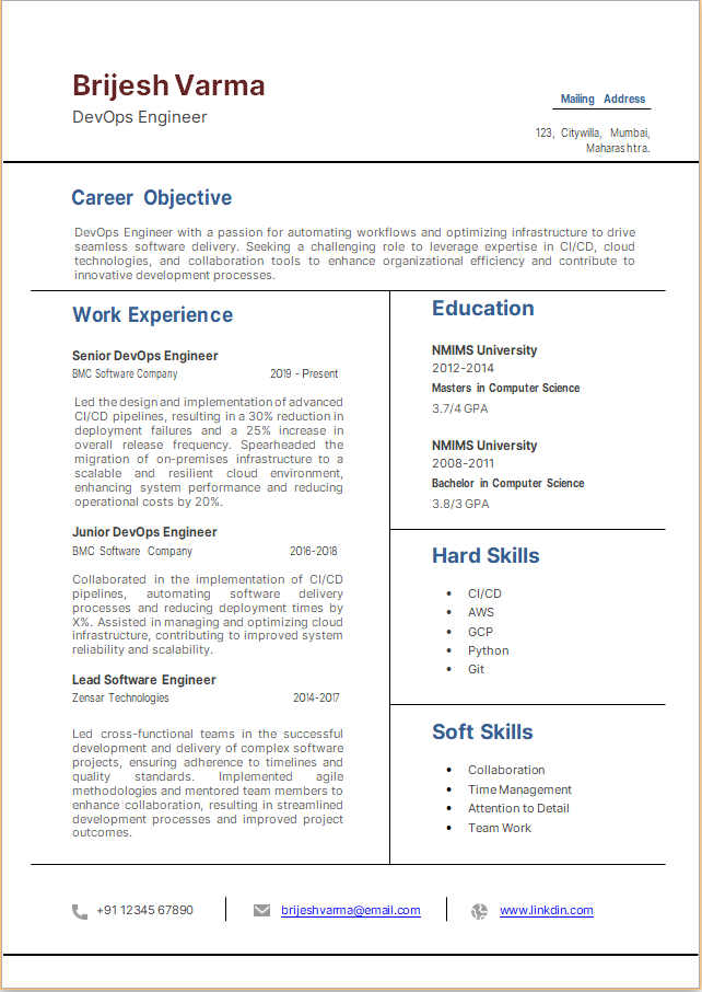 Dev Ops Engineer Template in MS Word resume format
