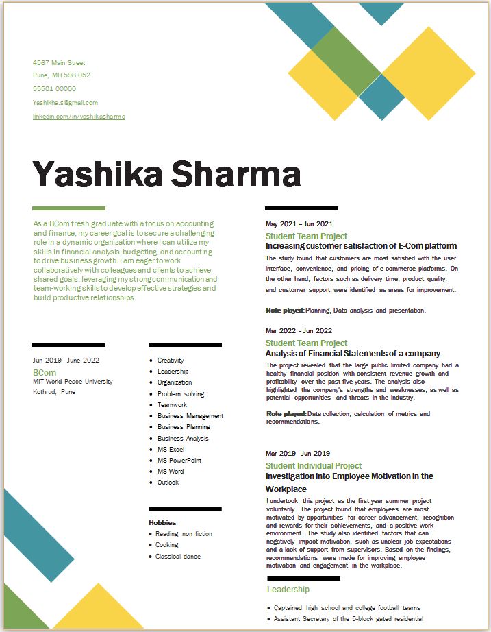 BCom Fresher resume format
